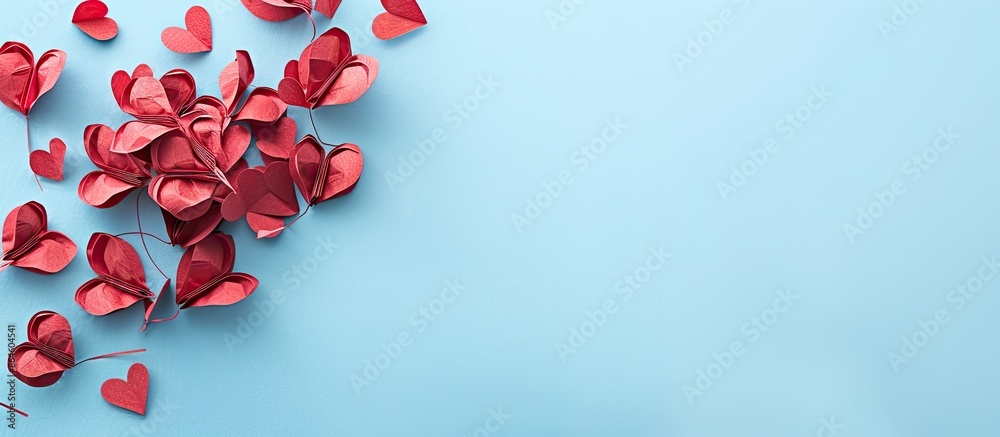 Copy space image featuring red paper hearts against a soft light blue backdrop. Copy space image featuring red paper hearts against a soft light blue backdrop.