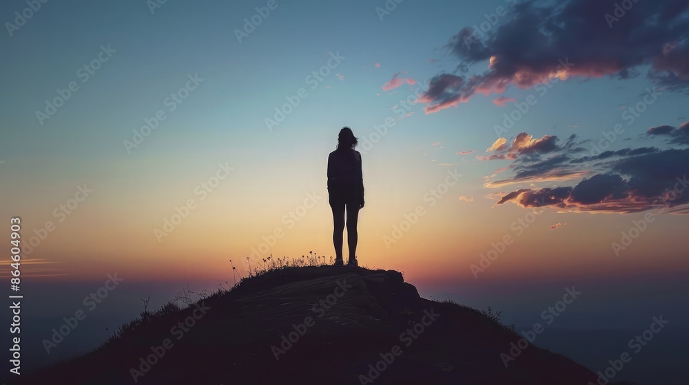 A silhouette of a person standing on a hill at dusk, representing the tranquility of freedom A silhouette of a person standing on a hill at dusk, representing the tranquility of freedom