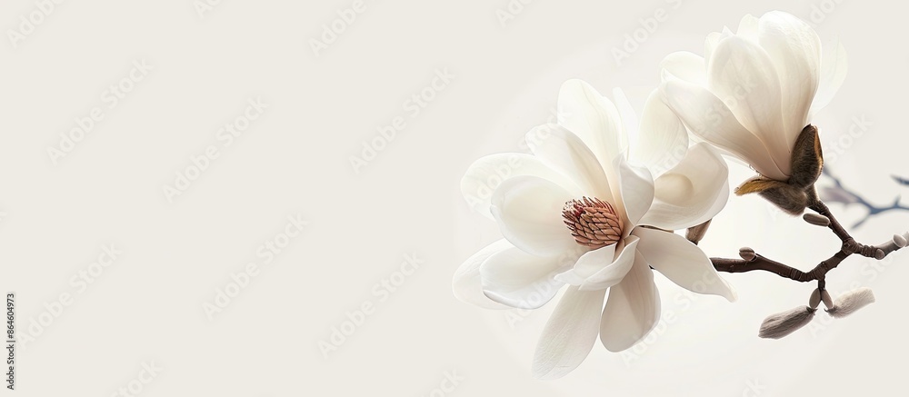 Obraz premium Enchanting white magnolia blossom against a clear background, ideal as a copy space image.