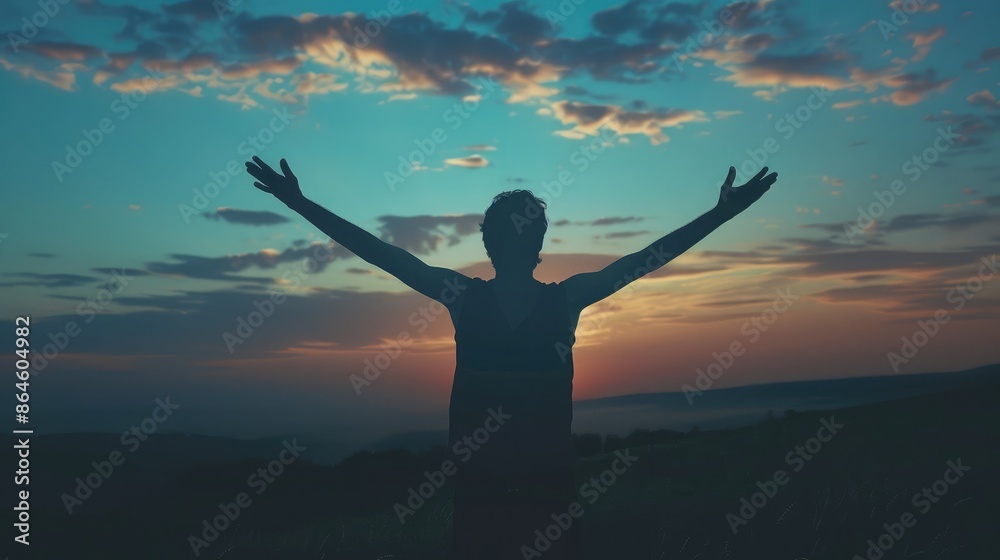A silhouette of a person with arms outstretched at dawn, embracing the new day's freedom A silhouette of a person with arms outstretched at dawn, embracing the new day's freedom