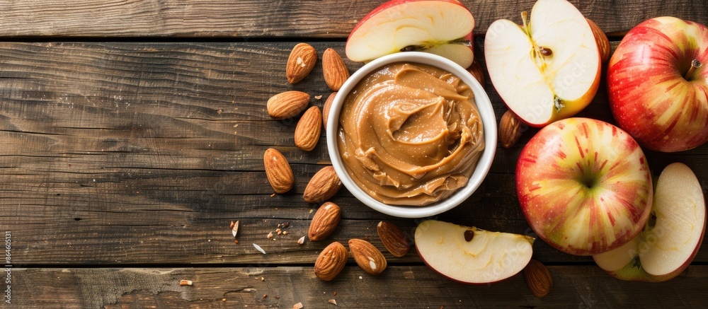 A bowl of almond butter with apple slices for a snack, displayed in an image with copy space.