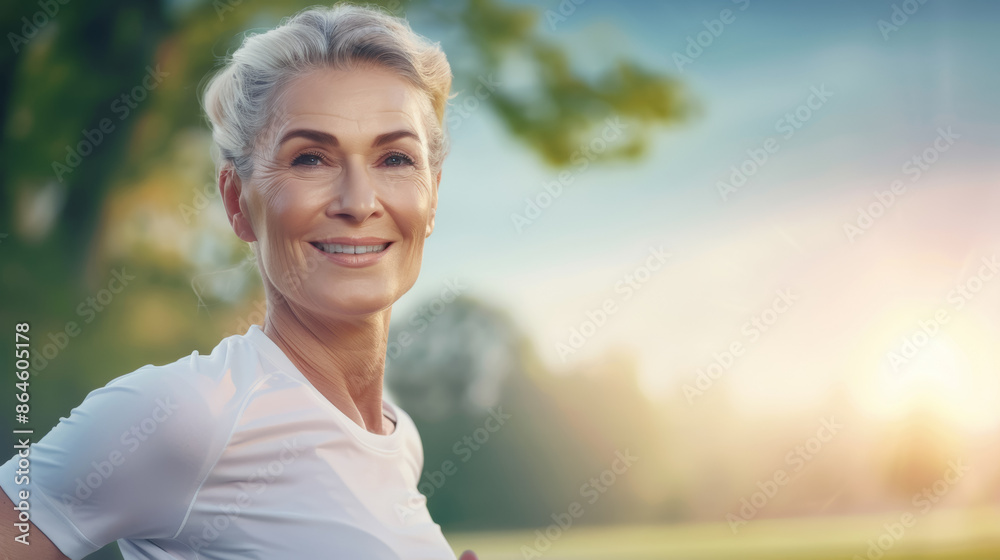 A woman with a smile on her face is standing in a park, outdoor jogging A woman with a smile on her face is standing in a park, outdoor jogging