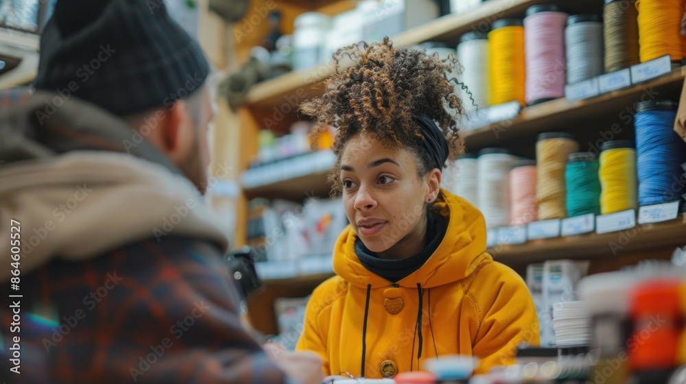 African-American female sales associate in a sewing supply store discussing products with a customer. African-American female sales associate in a sewing supply store discussing products with a customer.
