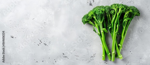 Broccolini displayed alone on a white backdrop with room for text in the image. Copy space image. Place for adding text and design photo