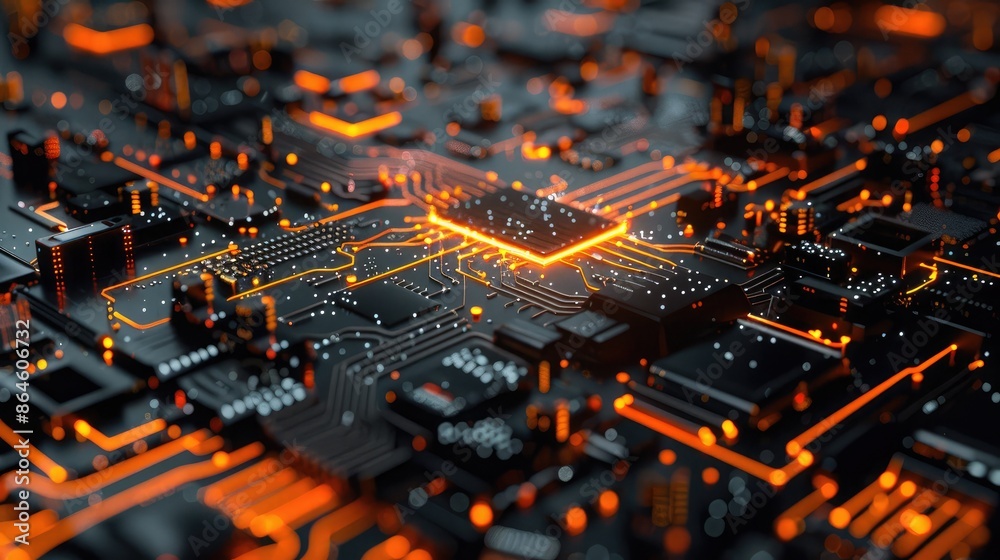 Abstract circuitry and digital components forming a tech-themed background Abstract circuitry and digital components forming a tech-themed background