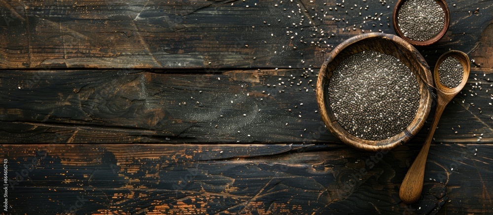 Top-down view of a wooden bowl filled with chia seeds on a rustic table, accompanied by a spoon, with a clear space in the frame for other images. Copy space image. Place for adding text and design Top-down view of a wooden bowl filled with chia seeds on a rustic table, accompanied by a spoon, with a clear space in the frame for other images. Copy space image. Place for adding text and design