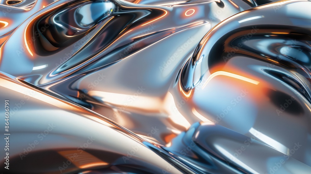 Abstract forms and shapes with a metallic sheen and reflective surfaces