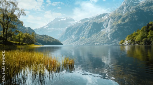 Serene mountain lake with lush green trees and snow-capped peaks reflecting in the calm water.