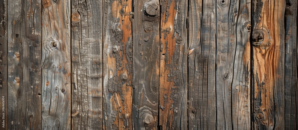 Fototapeta premium Close-up of a wooden wall showcasing the natural aging patterns of the tree with copy space image.