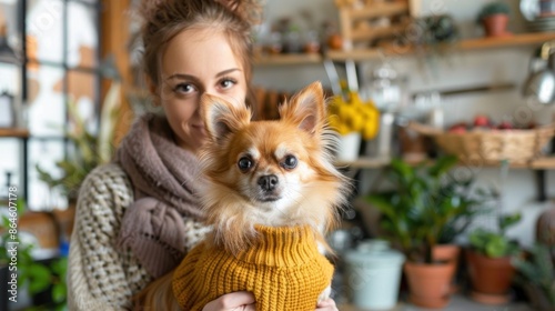 A Caucasian woman holding a Chihuahua in a yellow sweater, both indoors surrounded by plants and kitchen items.
