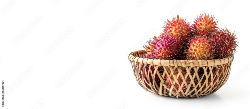 Rambutan fruit in a basket on a white background with a clipping path for easy editing, featuring copy space image. Rambutan fruit in a basket on a white background with a clipping path for easy editing, featuring copy space image.