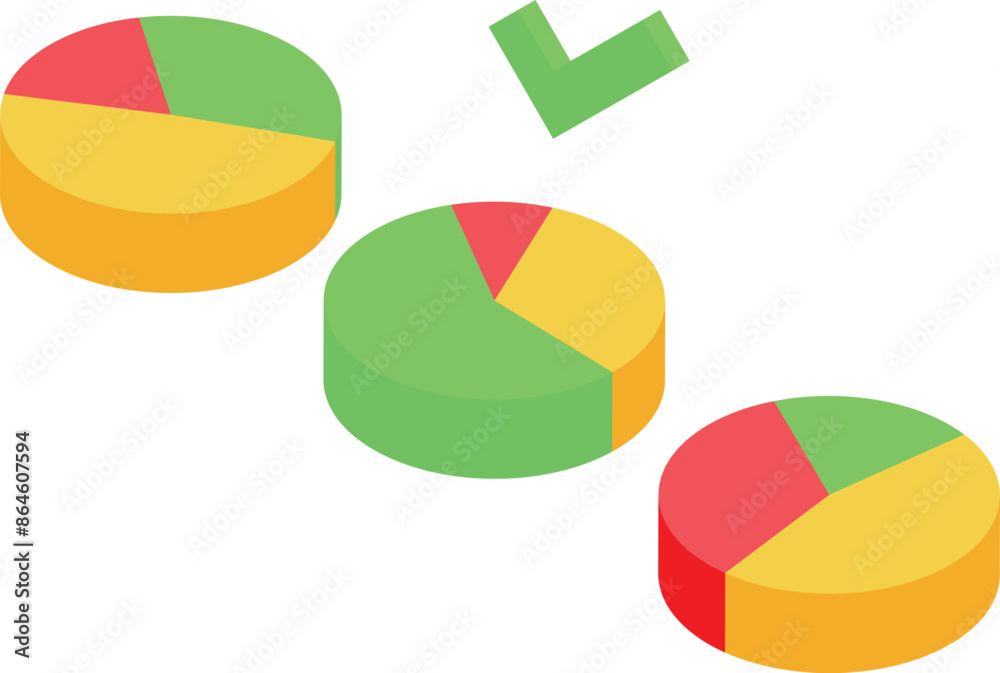 Three multicolored pie charts with a green check mark above them representing the successful completion of business tasks Three multicolored pie charts with a green check mark above them representing the successful completion of business tasks