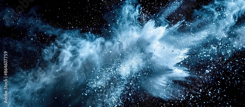 Capture the dynamic blue powder burst frozen in time against a black backdrop, forming a striking abstract white dust cloud with various particles, ideal for a wallpaper or screen saver with space photo