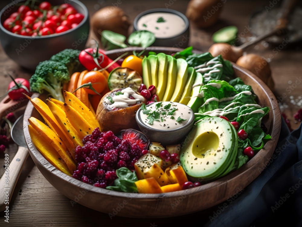 Colorful vegan Buddha bowl with fresh vegetables, quinoa, and avocado. Colorful vegan Buddha bowl with fresh vegetables, quinoa, and avocado.