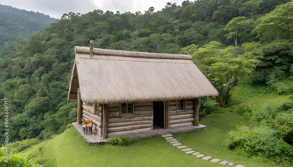 a small wooden cabin with a thatched roof, set against a backdrop of dense, green forest, showcasing the simplicity and charm of rustic living. a small wooden cabin with a thatched roof, set against a backdrop of dense, green forest, showcasing the simplicity and charm of rustic living.
