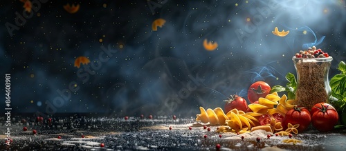 Dark background with pasta and food ingredient, providing ample copy space image.