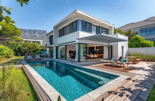 Modern Home With Swimming Pool and Deck on Sunny Day