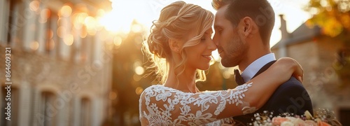 Bride And Groom Embracing In Front Of Stone House On Sunny Day