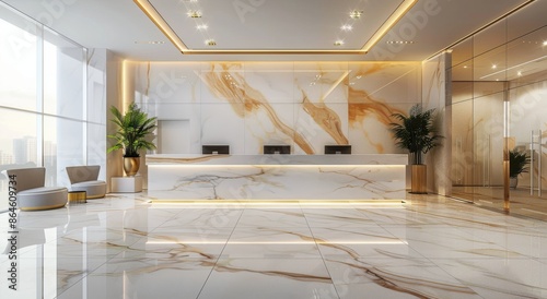 Modern Marble Hotel Lobby With Gold Accents and Plants