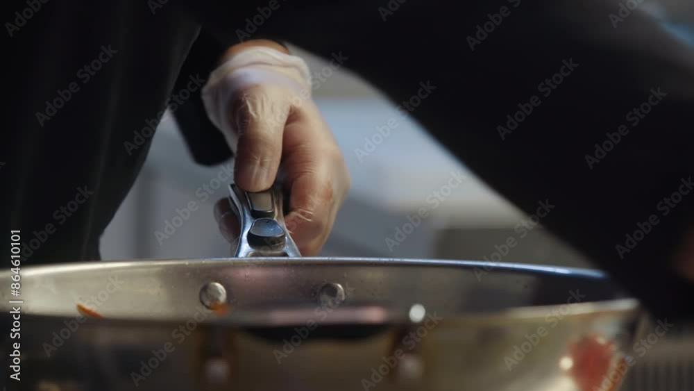 A chef is preparing the vegetables ingredient using the frying pan. Chef is Mixing the fried vegetables inside of the frying pan. A chef adding delicious sauce into the frying pan with the vegetables.