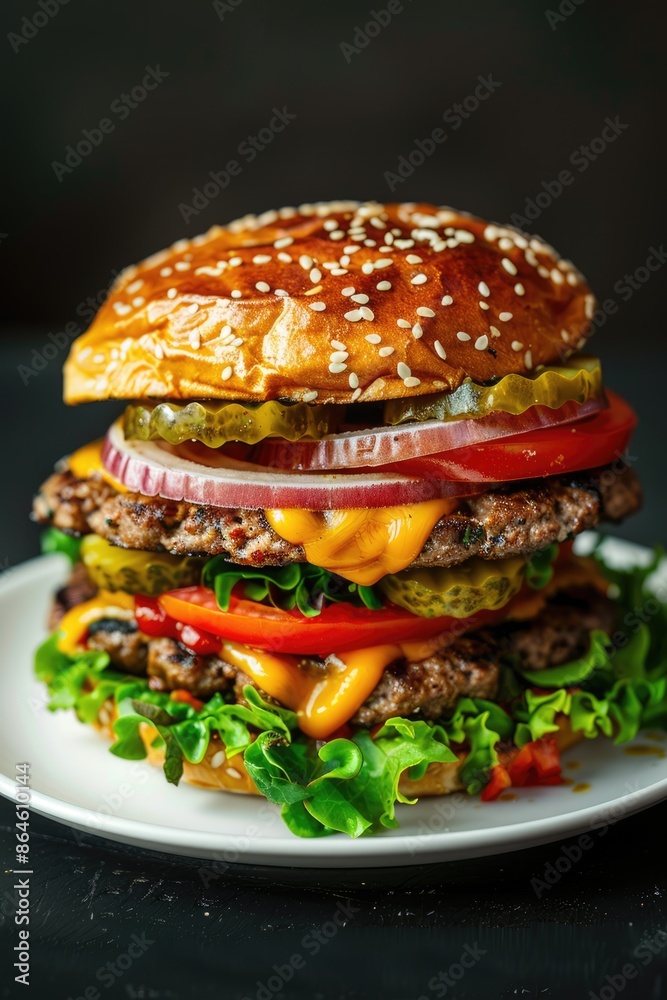 Layered juicy double cheeseburger with fresh lettuce, tomatoes, onions, pickles and melted cheese, gourmet fast food, restaurant menu on black background Layered juicy double cheeseburger with fresh lettuce, tomatoes, onions, pickles and melted cheese, gourmet fast food, restaurant menu on black background