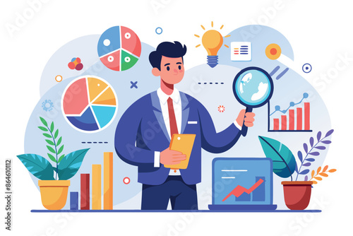 a vector illustration depicting a procurement manager conducting an audit of company assets and managing purchases