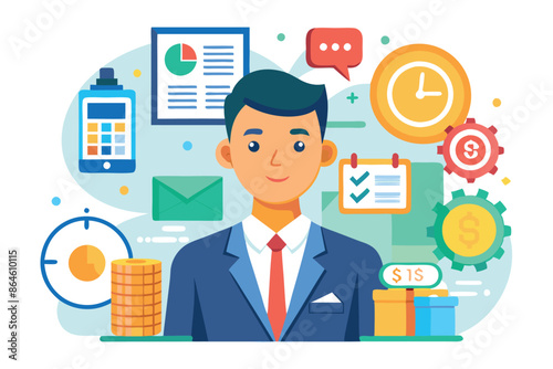 a vector illustration depicting a procurement manager conducting an audit of company assets and managing purchases