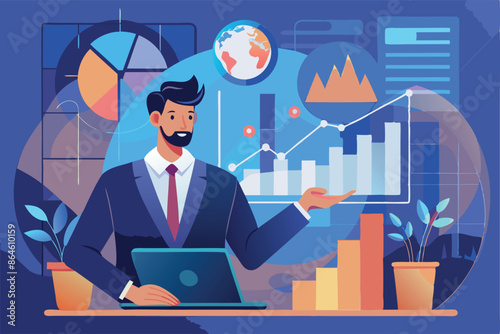 a vector illustration depicting a procurement manager conducting an audit of company assets and managing purchases