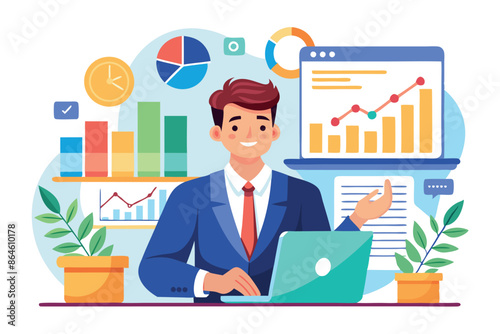 a vector illustration depicting a procurement manager conducting an audit of company assets and managing purchases