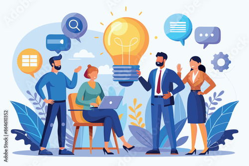 a vector illustration showing business people engaged in a discussion, with a large lightbulb made up of speech bubbles above them,