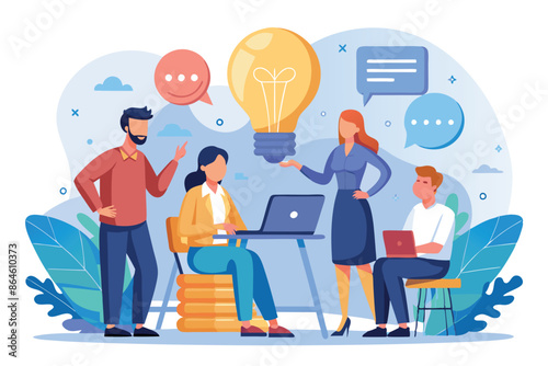 a vector illustration showing business people engaged in a discussion, with a large lightbulb made up of speech bubbles above them,