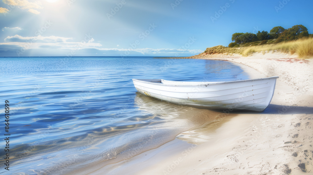 A small white boat is sitting in the water on a beach A small white boat is sitting in the water on a beach