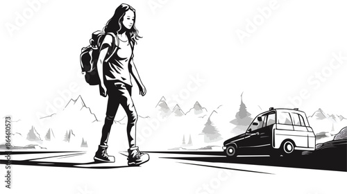 A Girl hitchhiking in a cartoon style. 2d flat 
