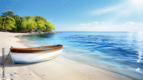 A small white boat is sitting on the beach near the water