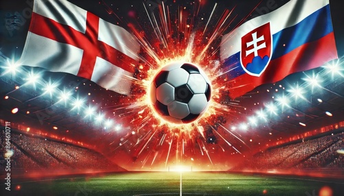 England vs Slovakia football match, English flag, Slovak flag, soccer ball and stadium, Euro 2024, UEFA European Football Championship 2024, 1/8 finals