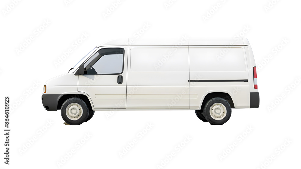 Clean blank white delivery van isolated, side view of plain car cargo carrier with transparent Background Clean blank white delivery van isolated, side view of plain car cargo carrier with transparent Background