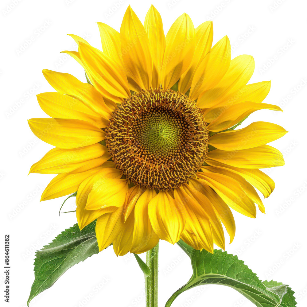 Fototapeta premium A bright yellow sunflower isolated on a transparent background, showcasing its vivid petals and intricate center