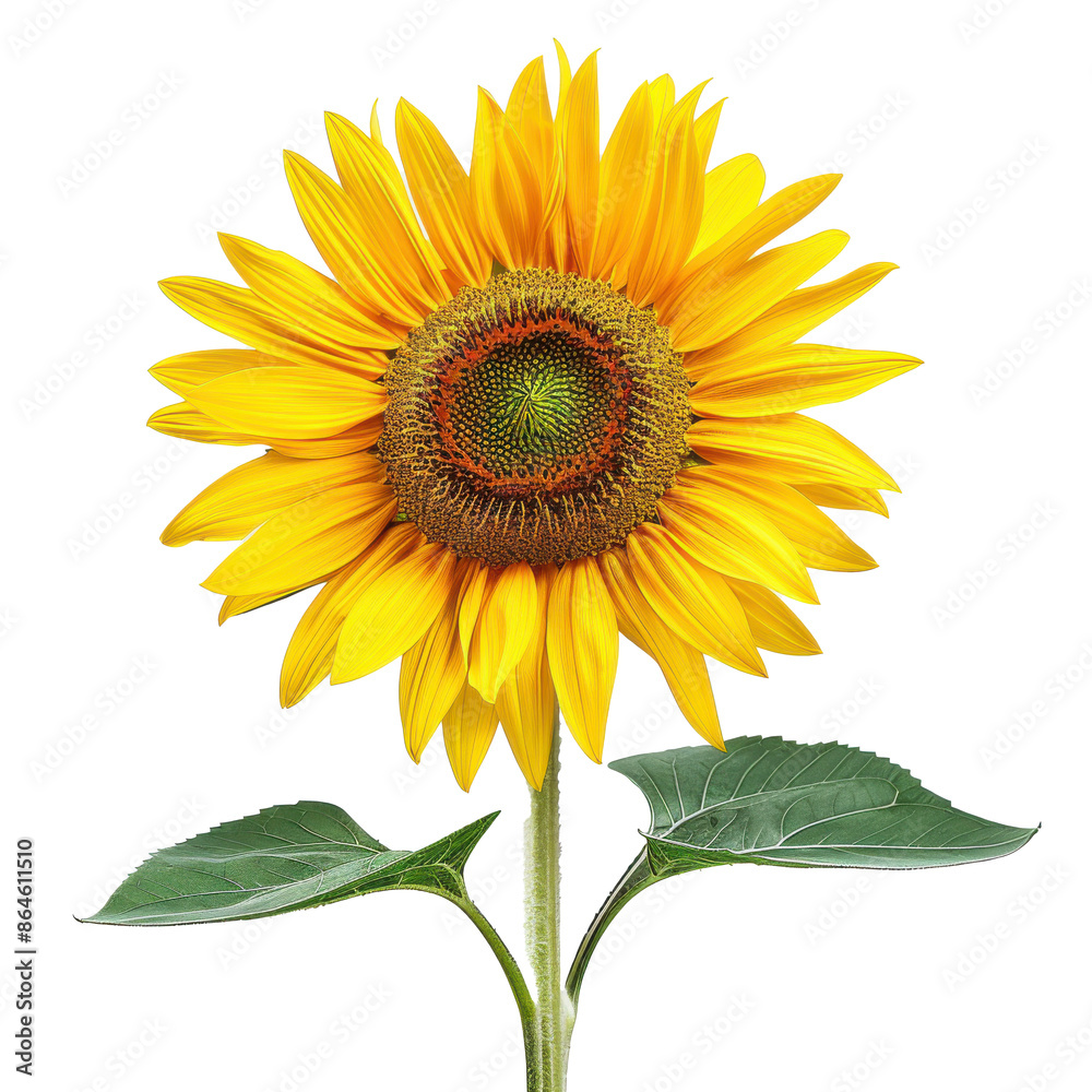 A vibrant and detailed sunflower with bright yellow petals and a green center, isolated on a transparent background