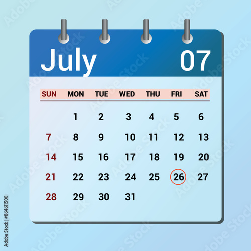 vector page of July month calendar and highlighted date July 26