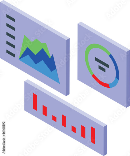 Isometric data driven marketing with charts and graphs displaying key performance indicators