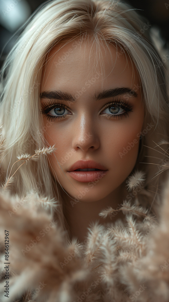 A close-up portrait of a young woman with blonde hair, her soft gaze directed at the viewer as she is surrounded by delicate, feathery flowers A close-up portrait of a young woman with blonde hair, her soft gaze directed at the viewer as she is surrounded by delicate, feathery flowers