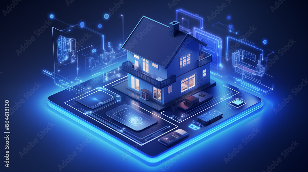 Digital smart home with hologram of house and technology elements on blue background, isometric view, 3d rendering illustration, high resolution photography. Digital smart home with hologram of house and technology elements on blue background, isometric view, 3d rendering illustration, high resolution photography.