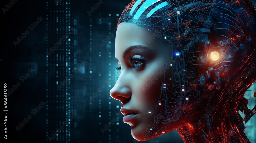 Glowing Cybernetic Female Face with Futuristic Technology and Network Connections Glowing Cybernetic Female Face with Futuristic Technology and Network Connections