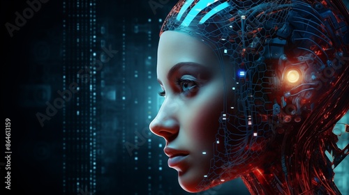 Glowing Cybernetic Female Face with Futuristic Technology and Network Connections