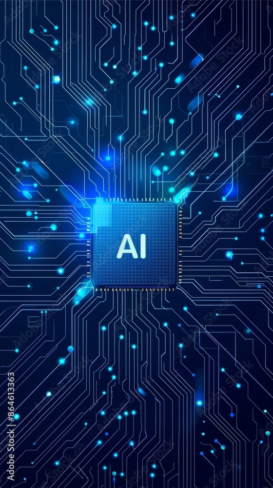 Tech Picture Reference. Abstract Blue Circuit with AI Symbols