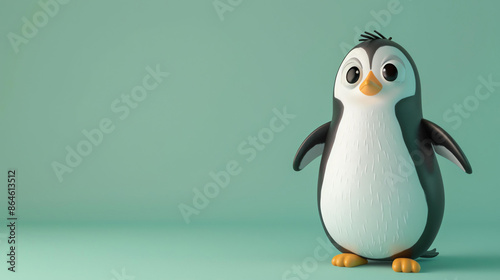 3D illustration of a cute penguin standing on a green background. The penguin has black and white feathers, a yellow beak, and orange feet. © Nijat