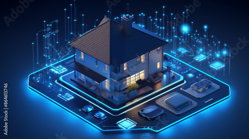 A smart home isometric illustration with various connected devices and the house, surrounded by digital data streams in blue lighting.