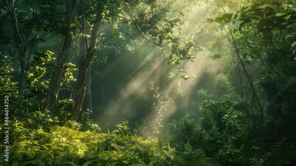 Fototapeta premium A lush green forest with sunlight filtering through trees, showcasing natural beauty and biodiversity