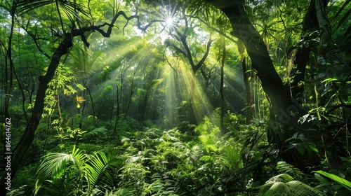 A lush green forest with sunlight filtering through trees, showcasing natural beauty and biodiversity