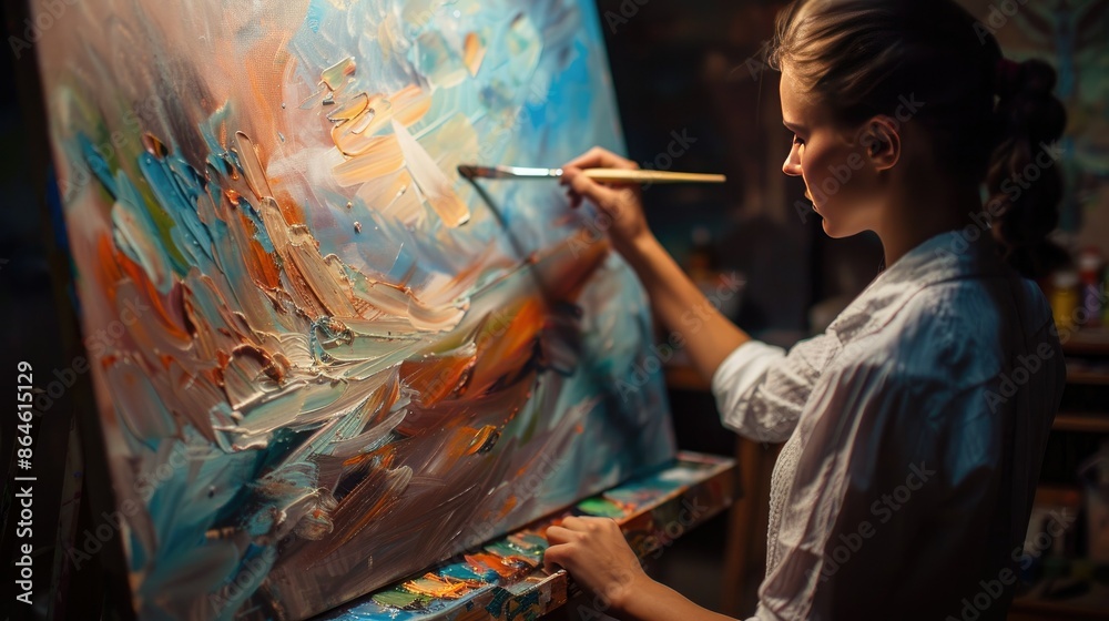 An artist painting on canvas, expressing creativity to establish a unique artistic style An artist painting on canvas, expressing creativity to establish a unique artistic style